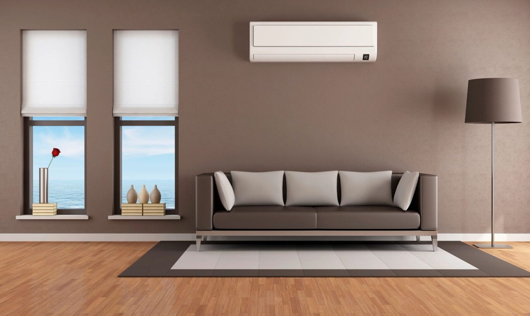 Contemporary brown living room with air conditioner - rendering